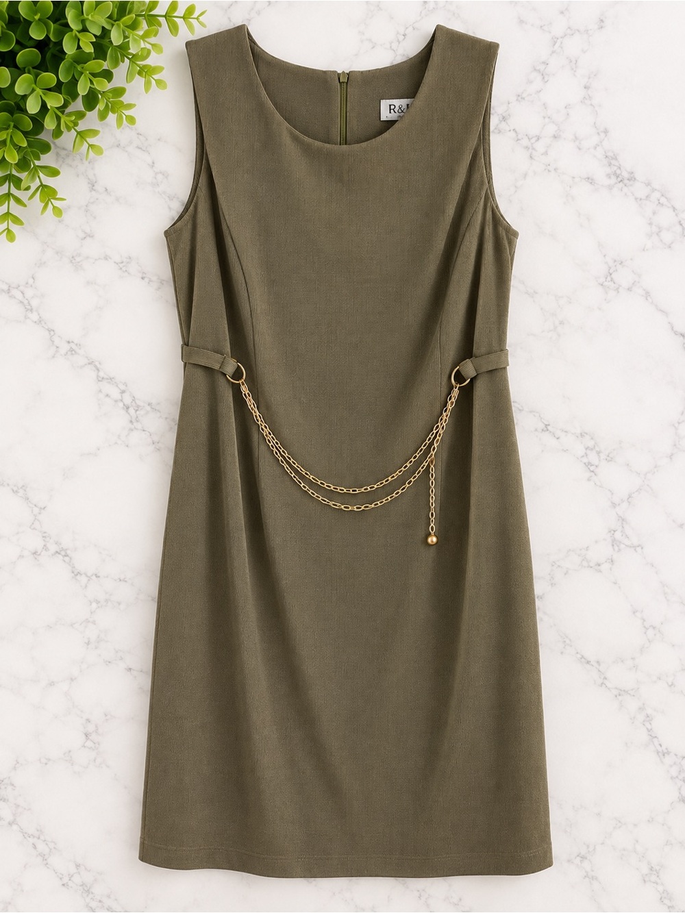 Vintage R&M Richards 16W Olive Green Midi Dress Gold Chain Belt Made USA 90s